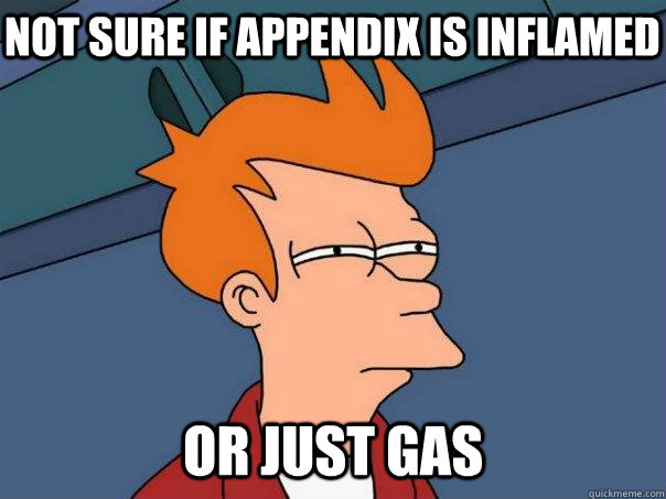 NOT SURE IF appendix is inflamed  OR just gas  Futurama Fry