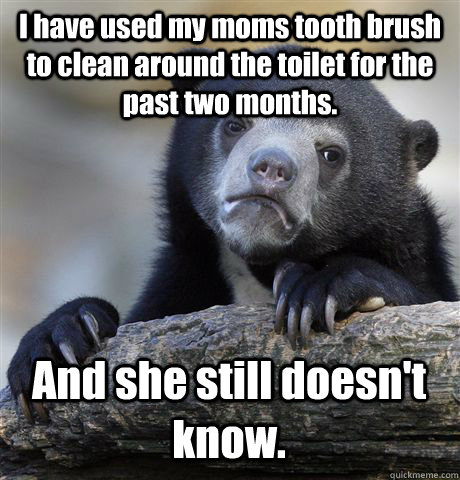 I have used my moms tooth brush to clean around the toilet for the past two months. And she still doesn't know. - I have used my moms tooth brush to clean around the toilet for the past two months. And she still doesn't know.  Confession Bear