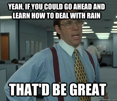 Yeah, if you could go ahead and learn how to deal with rain That'd be great  Bill Lumbergh