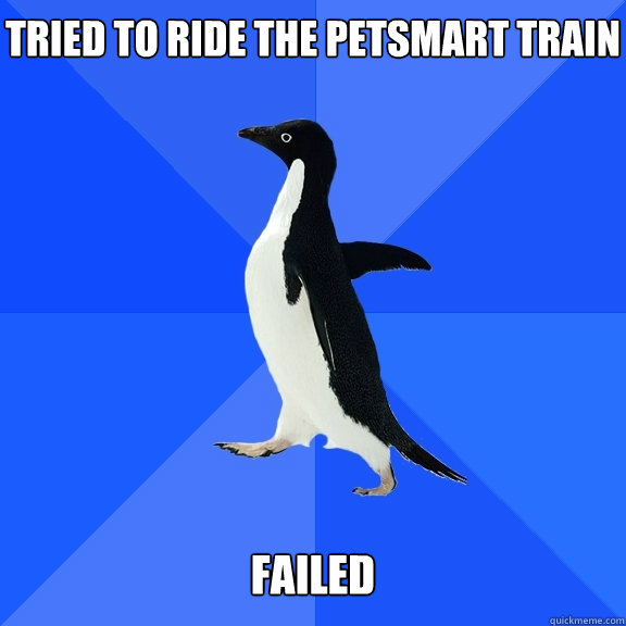 Tried to ride the petsmart train   Failed - Tried to ride the petsmart train   Failed  Socially Awkward Penguin