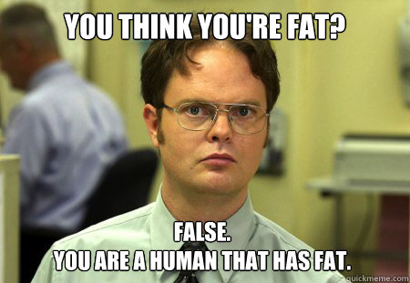 You think you're fat? False. 
You are a human that has fat.  Dwight