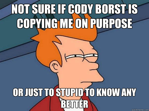 Not sure if Cody borst is copying me on purpose Or just to stupid to know any better  Futurama Fry