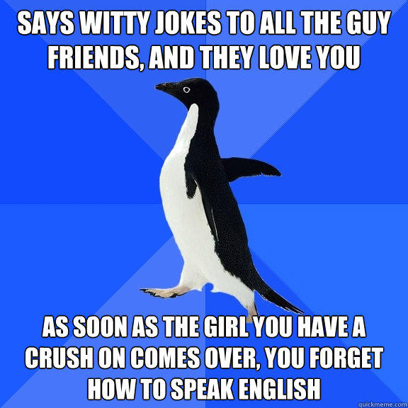 Says witty jokes to all the guy friends, and they love you As soon as the girl you have a crush on comes over, you forget how to speak english  