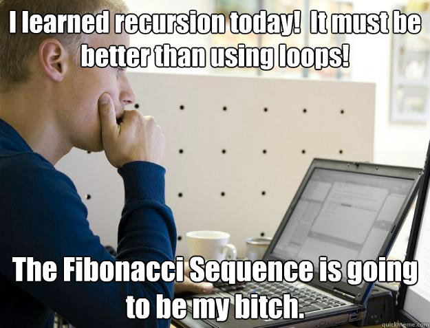 I learned recursion today!  It must be better than using loops! The Fibonacci Sequence is going to be my bitch.  Programmer