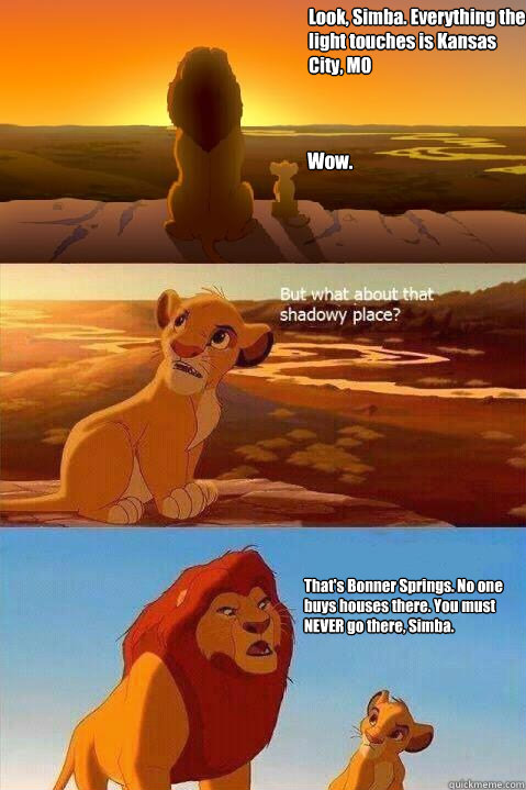 Look, Simba. Everything the light touches is Kansas City, MO Wow. That's Bonner Springs. No one buys houses there. You must NEVER go there, Simba.   Lion King Shadowy Place