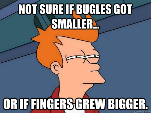 Not sure if Bugles got smaller... Or if fingers grew bigger.  Futurama Fry