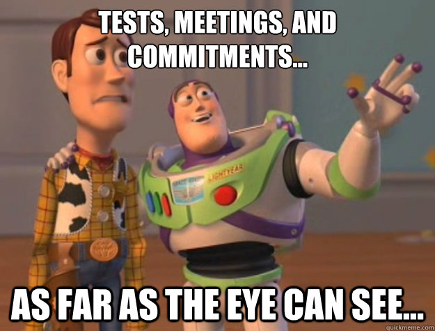 Tests, meetings, and commitments... as far as the eye can see...  Toy Story