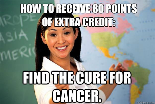 How to receive 80 points
of extra credit: find the cure for cancer.  Unhelpful High School Teacher