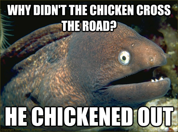 Why didn't the chicken cross the road? He chickened out  Bad Joke Eel