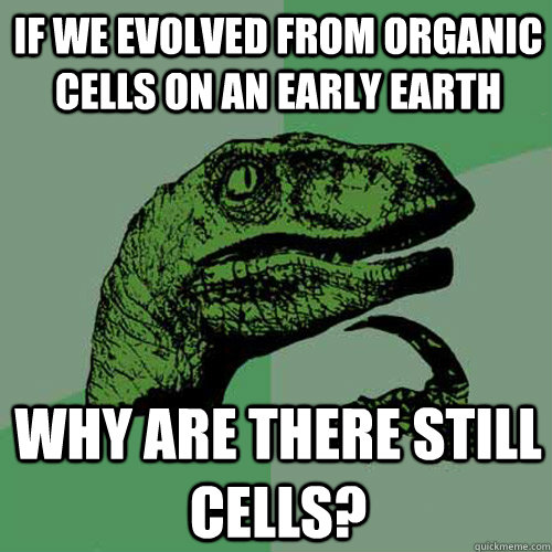 If we evolved from organic cells on an early Earth Why are there still cells?  Philosoraptor