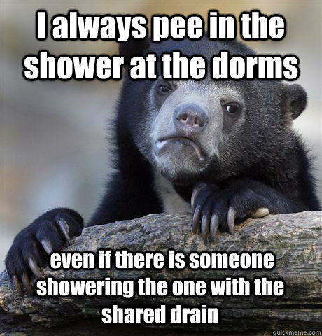 I always pee in the shower at the dorms  even if there is someone showering the one with the shared drain  Confession Bear