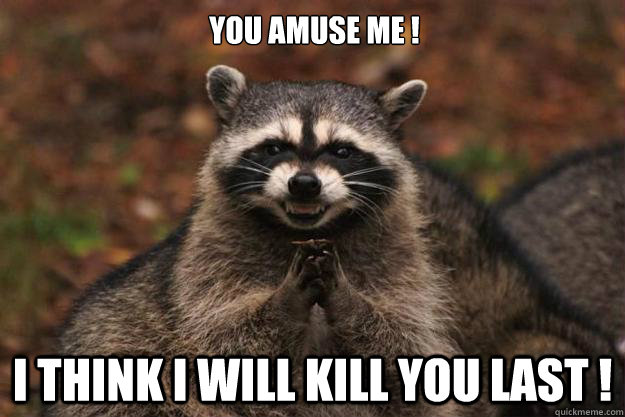 You amuse me ! I think i will kill you last ! - You amuse me ! I think i will kill you last !  Evil Plotting Raccoon