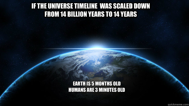 if the universe timeline  was scaled down from 14 billion years to 14 years earth is 5 months old
humans are 3 minutes old - if the universe timeline  was scaled down from 14 billion years to 14 years earth is 5 months old
humans are 3 minutes old  Misc