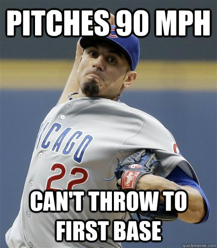 Pitches 90 MPH Can't throw to first base - Pitches 90 MPH Can't throw to first base  Matt Garza