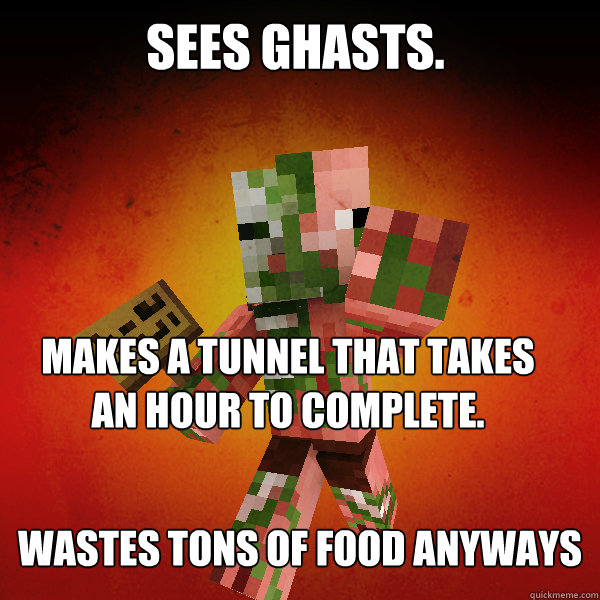 Sees Ghasts. Makes a tunnel that takes an hour to complete. Wastes tons of food anyways  Zombie Pigman Zisteau