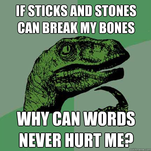 If sticks and stones can break my bones why can words never hurt me?  - If sticks and stones can break my bones why can words never hurt me?   Philosoraptor