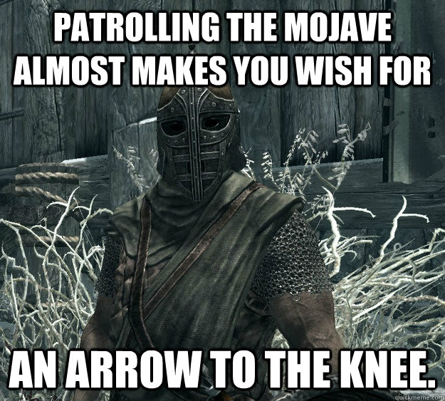 Patrolling the Mojave almost makes you wish for an arrow to the knee.  