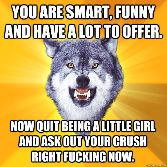 you are smart, funny and have a lot to offer. now quit being a little girl and ask out your crush right fucking now.  Courage Wolf