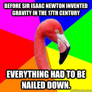 Before Sir Isaac Newton invented gravity in the 17th century everything had to be nailed down. - Before Sir Isaac Newton invented gravity in the 17th century everything had to be nailed down.  Misinformed Flamingo