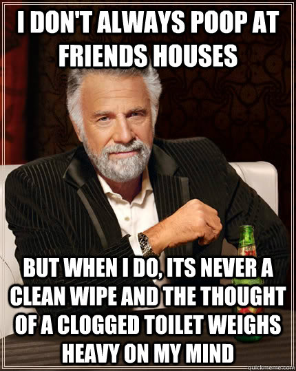 I don't always poop at friends houses But when I do, its never a clean wipe and the thought of a clogged toilet weighs heavy on my mind  The Most Interesting Man In The World