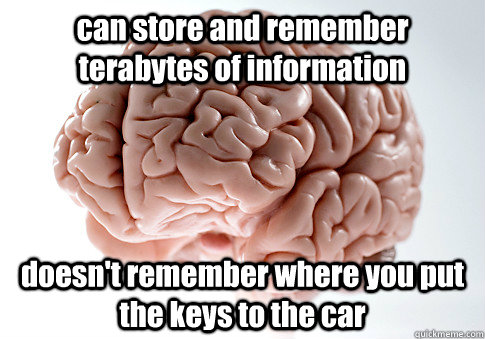 can store and remember terabytes of information doesn't remember where you put the keys to the car  - can store and remember terabytes of information doesn't remember where you put the keys to the car   Scumbag Brain