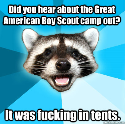 Did you hear about the Great American Boy Scout camp out? It was fucking in tents.  Lame Pun Coon