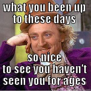 WHAT YOU BEEN UP TO THESE DAYS SO NICE TO SEE YOU HAVEN'T SEEN YOU FOR AGES Condescending Wonka