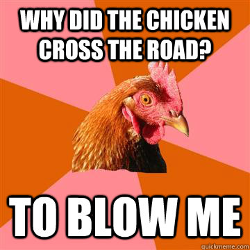 why did the chicken cross the road? To blow me  Anti-Joke Chicken