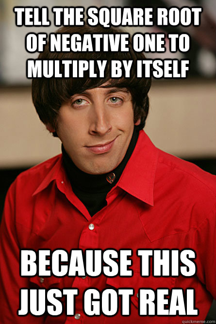 Tell the square root of negative one to multiply by itself Because this just got real  Pickup Line Scientist