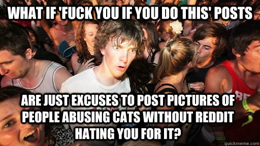 What if 'Fuck You If You Do This' Posts Are just excuses to post pictures of people abusing cats without Reddit hating you for it?  Sudden Clarity Clarence