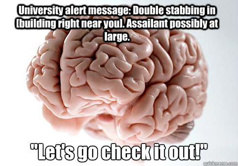 University alert message: Double stabbing in [building right near you]. Assailant possibly at large. 