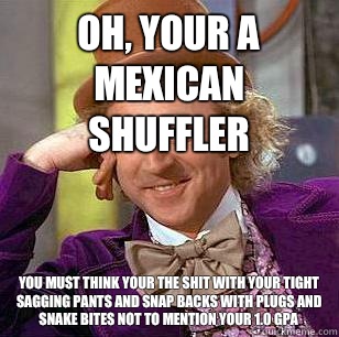 Oh, your a Mexican shuffler you must think your the shit with your tight sagging pants and snap backs with plugs and snake bites not to mention your 1.0 gpa - Oh, your a Mexican shuffler you must think your the shit with your tight sagging pants and snap backs with plugs and snake bites not to mention your 1.0 gpa  Condescending Wonka