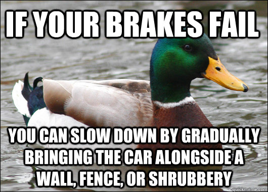 if your brakes fail you can slow down by gradually bringing the car alongside a wall, fence, or shrubbery - if your brakes fail you can slow down by gradually bringing the car alongside a wall, fence, or shrubbery  Actual Advice Mallard