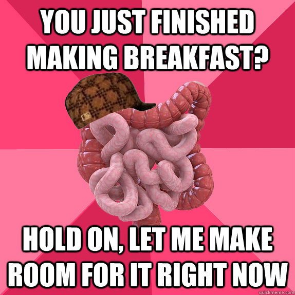 you just finished making breakfast? hold on, let me make room for it right now  Scumbag Intestines