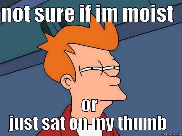 not quite sure if moist - NOT SURE IF IM MOIST   OR JUST SAT ON MY THUMB  Futurama Fry