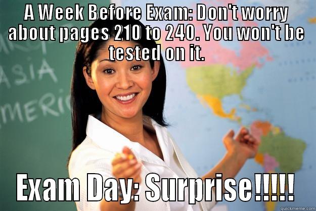 A WEEK BEFORE EXAM: DON'T WORRY ABOUT PAGES 210 TO 240. YOU WON'T BE TESTED ON IT. EXAM DAY: SURPRISE!!!!! Unhelpful High School Teacher