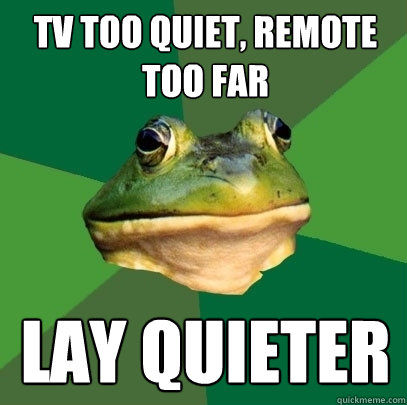 tv too quiet, remote too far Lay quieter   Foul Bachelor Frog