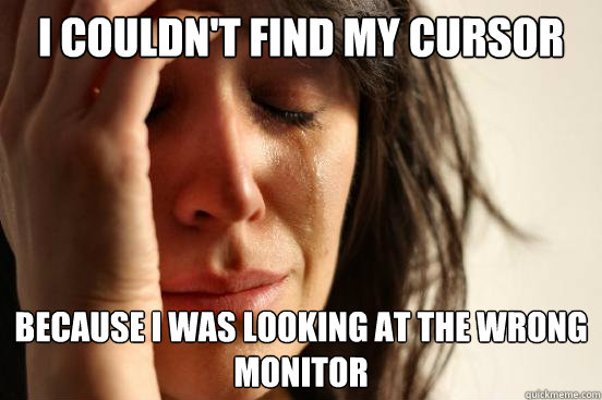 I couldn't find my cursor because i was looking at the wrong monitor - I couldn't find my cursor because i was looking at the wrong monitor  First World Problems