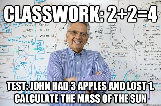 classwork: 2+2=4 test: John had 3 apples and lost 1. calculate the mass of the sun  