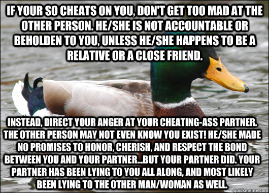 if your so cheats on you, don't get too mad at the other person. he/she is not accountable or beholden to you, unless he/she happens to be a relative or a close friend. instead, direct your anger at your cheating-ass partner. the other person may not even - if your so cheats on you, don't get too mad at the other person. he/she is not accountable or beholden to you, unless he/she happens to be a relative or a close friend. instead, direct your anger at your cheating-ass partner. the other person may not even  Actual Advice Mallard