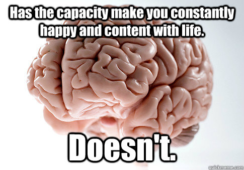 Has the capacity make you constantly happy and content with life. Doesn't. - Has the capacity make you constantly happy and content with life. Doesn't.  Scumbag Brain