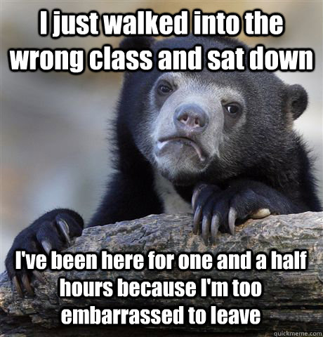 I just walked into the wrong class and sat down I've been here for one and a half hours because I'm too embarrassed to leave - I just walked into the wrong class and sat down I've been here for one and a half hours because I'm too embarrassed to leave  Confession Bear