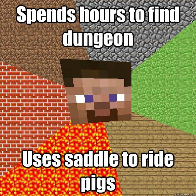 Spends hours to find dungeon Uses saddle to ride pigs  Minecraft