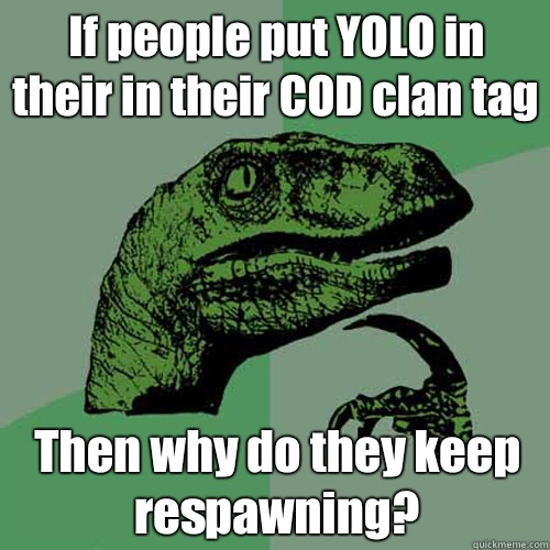 If people put YOLO in their in their COD clan tag Then why do they keep respawning?  Philosoraptor