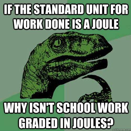 If the standard unit for work done is a joule Why isn't school work graded in joules?  Philosoraptor