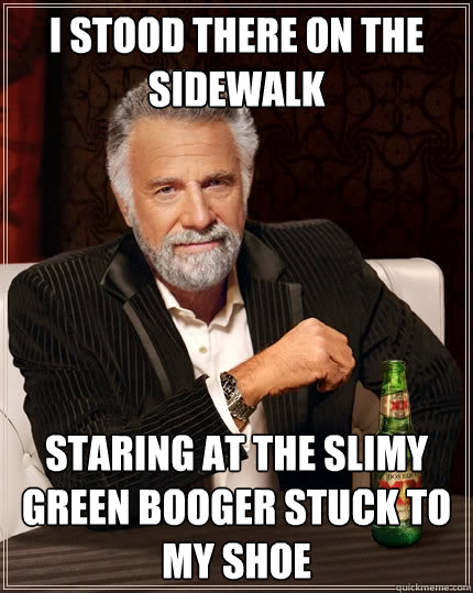 I stood there on the sidewalk staring at the slimy green booger stuck to my shoe  The Most Interesting Man In The World