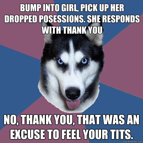 Bump into girl, pick up her dropped posessions. She responds with thank you No, thank you, that was an excuse to feel your tits. - Bump into girl, pick up her dropped posessions. She responds with thank you No, thank you, that was an excuse to feel your tits.  Creeper Canine