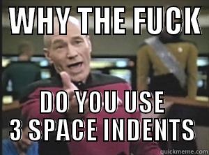  WHY THE FUCK  DO YOU USE 3 SPACE INDENTS Annoyed Picard