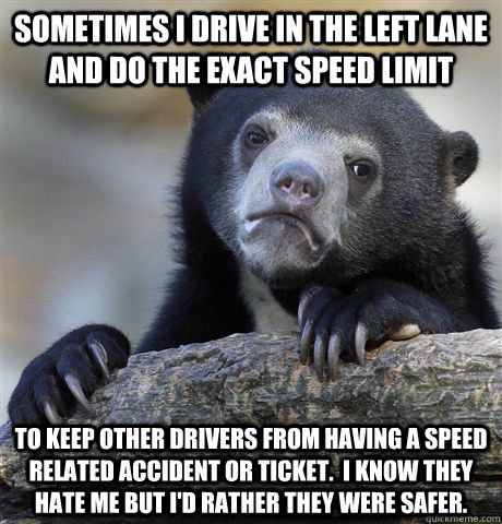 Sometimes I drive in the left lane and do the exact speed limit to keep other drivers from having a speed related accident or ticket.  I know they hate me but I'd rather they were safer. - Sometimes I drive in the left lane and do the exact speed limit to keep other drivers from having a speed related accident or ticket.  I know they hate me but I'd rather they were safer.  Confession Bear