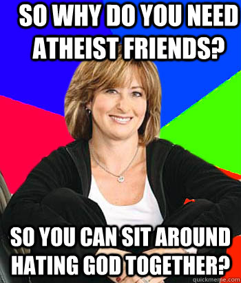 So why do you need Atheist friends? So you can sit around hating god together?  Sheltering Suburban Mom